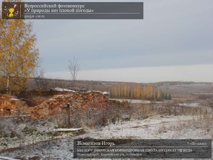 Всероссийский фотоконкурс «У природы нет плохой погоды»  - детский рисунок, поделка, творческая работа, категория школьники, 7 класс, дистанционный конкурс, школьный конкурс