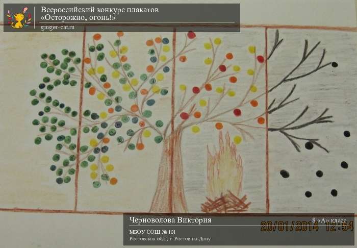 Всероссийский конкурс плакатов «Осторожно, огонь!»  - детский рисунок, поделка, творческая работа, категория школьники, 8 класс, дистанционный конкурс, школьный конкурс