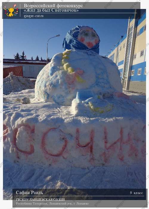 Всероссийский фотоконкурс «Жил да был Снеговичок»  - детский рисунок, поделка, творческая работа, категория школьники, 9 класс, дистанционный конкурс, школьный конкурс