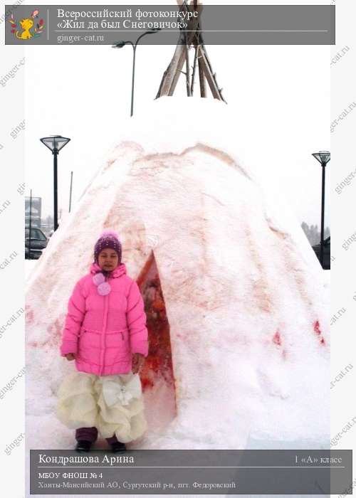 Всероссийский фотоконкурс «Жил да был Снеговичок»  - детский рисунок, поделка, творческая работа, категория школьники, 1 класс, дистанционный конкурс, школьный конкурс