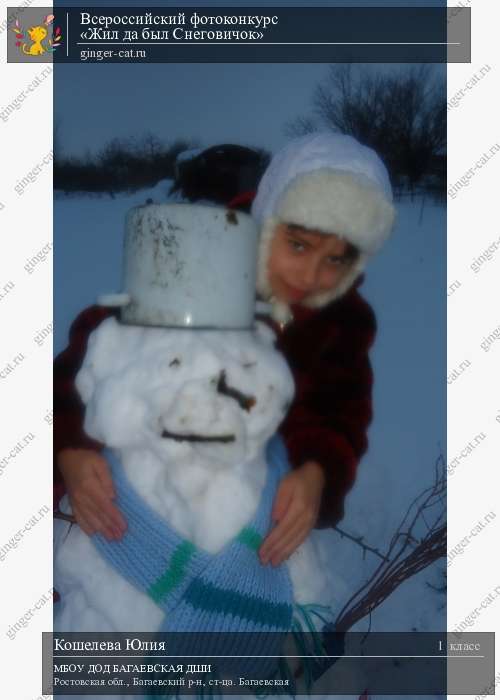 Всероссийский фотоконкурс «Жил да был Снеговичок»  - детский рисунок, поделка, творческая работа, категория школьники, 1 класс, дистанционный конкурс, школьный конкурс