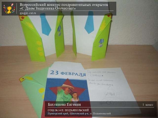 Всероссийский конкурс поздравительных открыток «С Днём Защитника Отечества!»  - детский рисунок, поделка, творческая работа, категория школьники, 1 класс, дистанционный конкурс, школьный конкурс