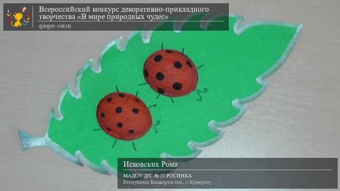 Всероссийский конкурс декоративно-прикладного творчества «В мире природных чудес»  - детский рисунок, поделка, творческая работа, категория дошкольники, детский сад, дистанционный конкурс, школьный конкурс