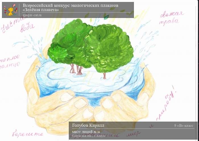 Всероссийский конкурс экологических плакатов «Зелёная планета»  - детский рисунок, поделка, творческая работа, категория школьники, 9 класс, дистанционный конкурс, школьный конкурс