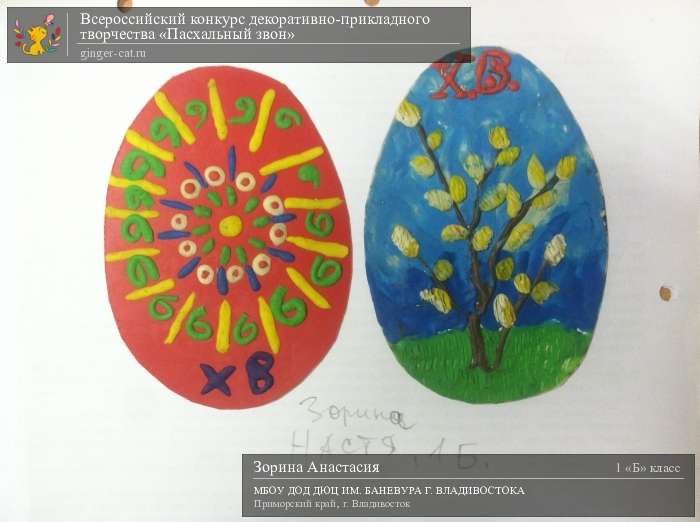 Всероссийский конкурс декоративно-прикладного творчества «Пасхальный звон»  - детский рисунок, поделка, творческая работа, категория школьники, 1 класс, дистанционный конкурс, школьный конкурс